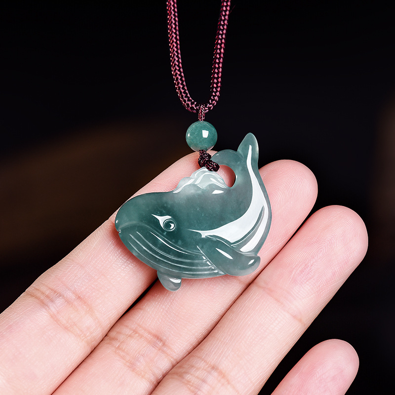 Vintage Fashion Necklace - Natural Burmese Jadeite Whale Pendant Necklace